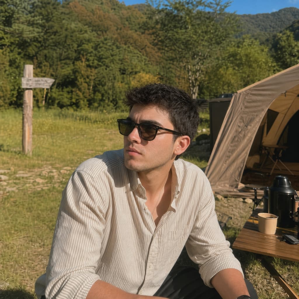 AI-generated photo of customer in Camping · golden hour setting