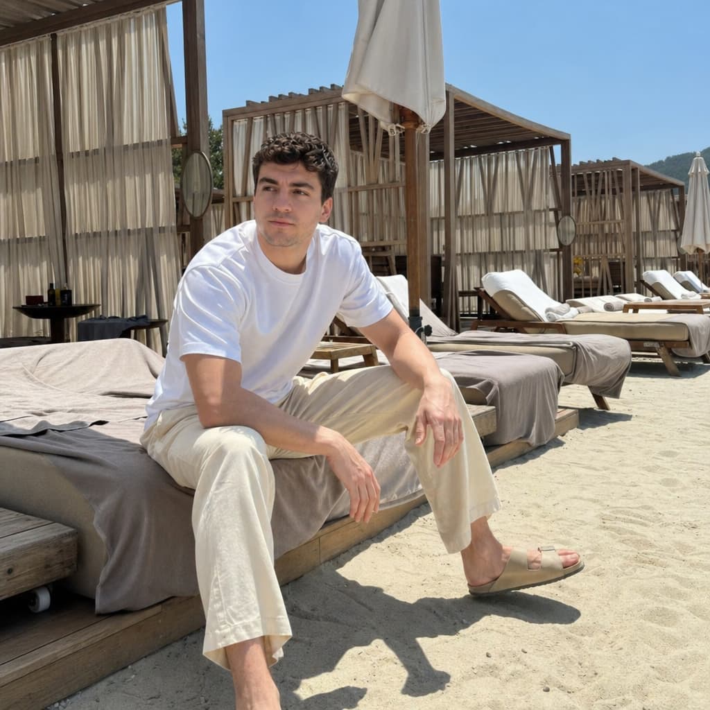 AI-generated photo of customer in Beach · midday setting